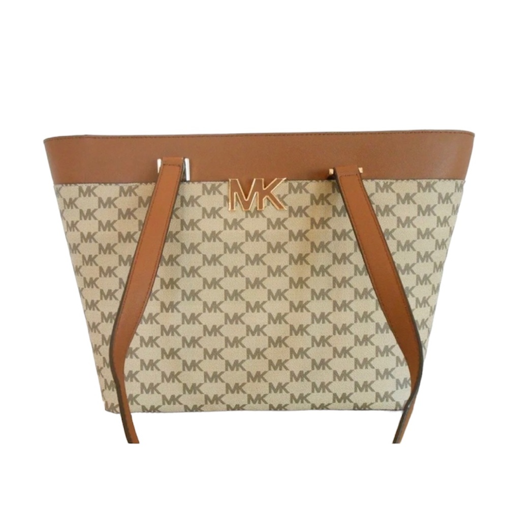 MICHAEL KORS Florence Large MK LOGO Top Zip Tote NATURAL/LUGGAGE $328